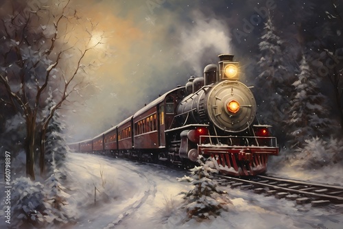 Slika na platnu train traveling snowy forest full moon exquisite book portrait curve good night