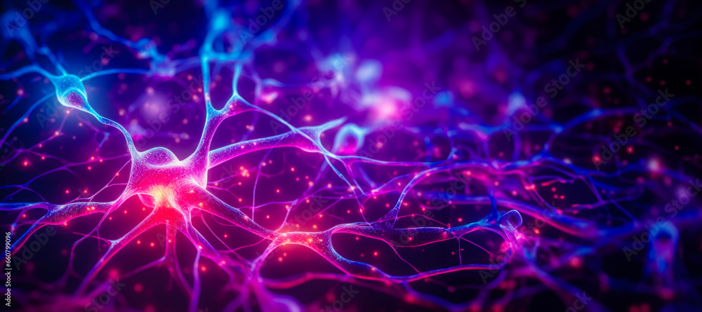 Visualization of development of neural connections, neon illumination of signal along nerve cells - obrazy, fototapety, plakaty 