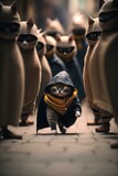 A cat dressed as a ninja sneaking up on a group of unsuspecting mice anime dramatic professional color grading soft shadows no contrast clear sharp focus national geographic photography unsplash 