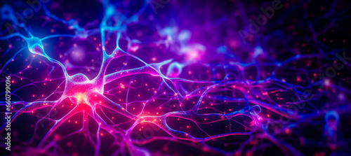 Visualization of development of neural connections, neon illumination of signal along nerve cells