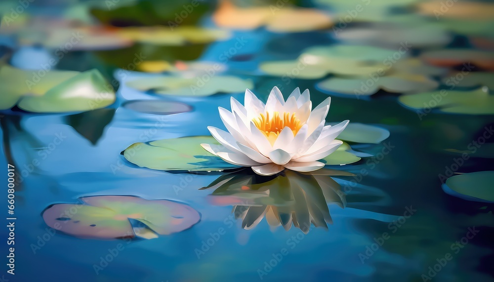 A small lotus in a vast serene lake with blurred background