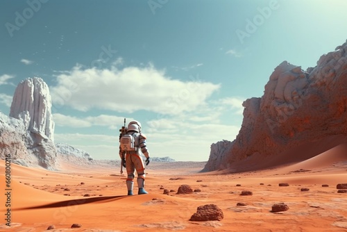Astronaut exploring an unpopulated planet. Animation for fantasy, futuristic, or space travel backgrounds. 3D render. Generative AI
