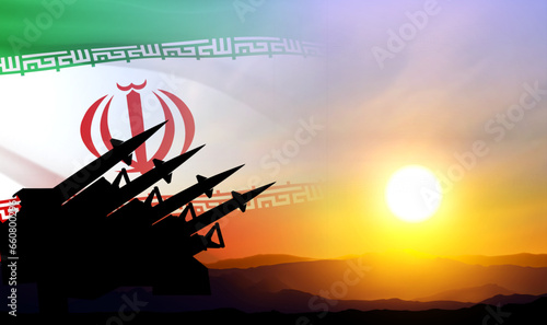 Missiles silhouette with Iran flag against the sunset. Iran nuclear missile launch. EPS10 vector