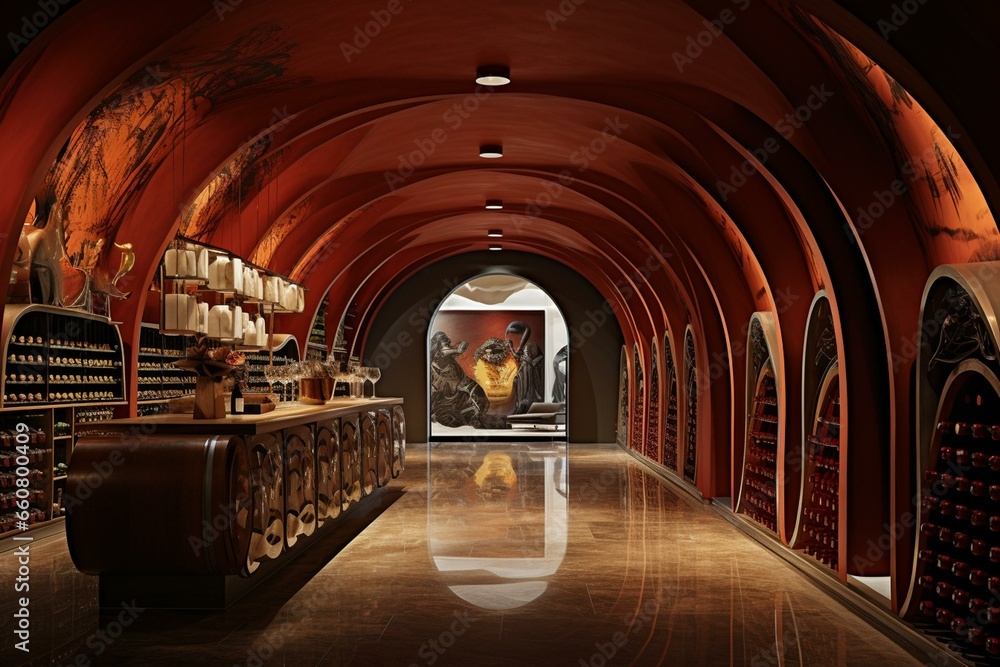 An artwork portraying a contemporary wine cellar. Generative AI