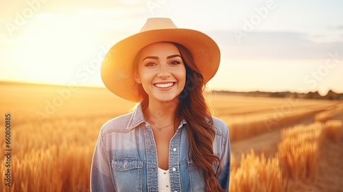 Beautiful girl wearing a cowboy hat Wearing a plaid jeans shirt, smiling, looking at the camera in a field of yellow wheat at sunset.