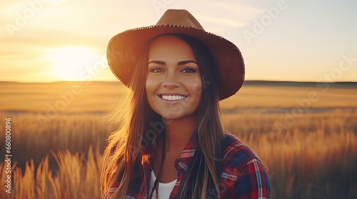 Beautiful girl wearing a cowboy hat Wearing a plaid jeans shirt, smiling, looking at the camera in a field of yellow wheat at sunset.