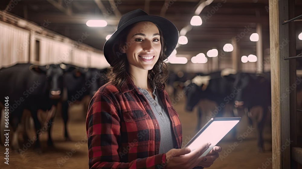 Beautiful young woman wearing a cowboy hat and plaid shirt with a tablet PC smiles at the camera. Standing next to a cow in a cow farm - obrazy, fototapety, plakaty 