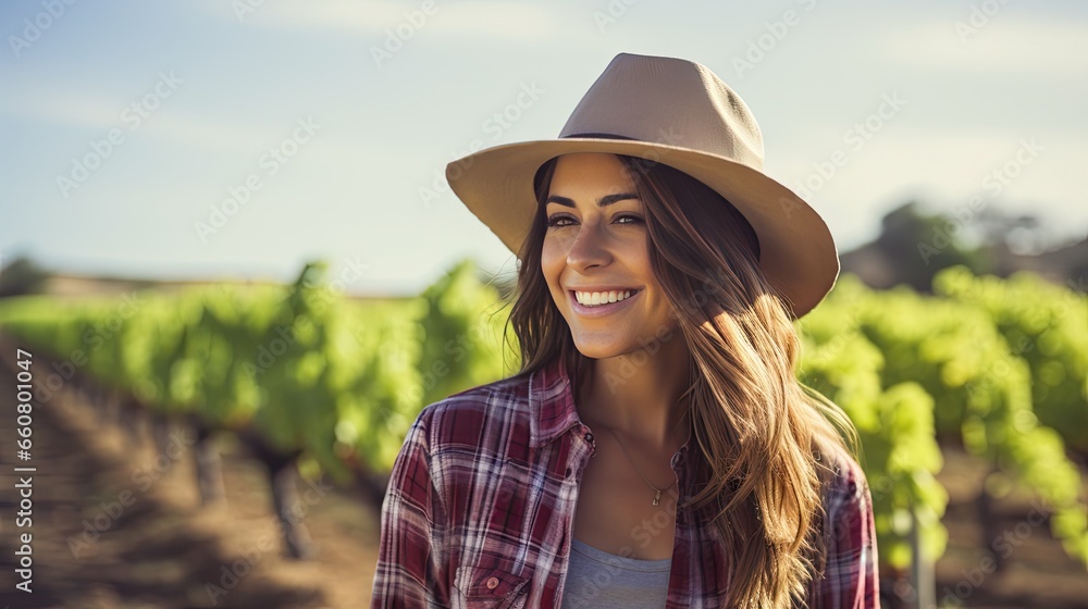 Beautiful young woman wearing a vineyard cowboy hat