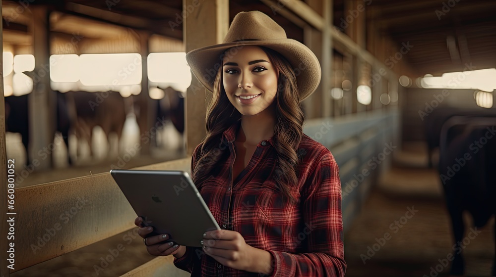 Fototapeta premium Beautiful young woman wearing a cowboy hat and plaid shirt with a tablet PC smiles at the camera. Standing next to a cow in a cow farm