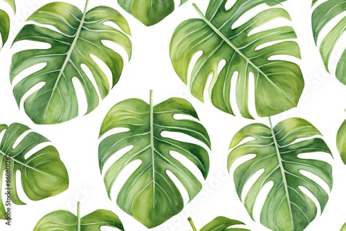 watercolor handdrawn abstract floral pattern template green background, exotic tropical wall with green monstera palm leaves on white.