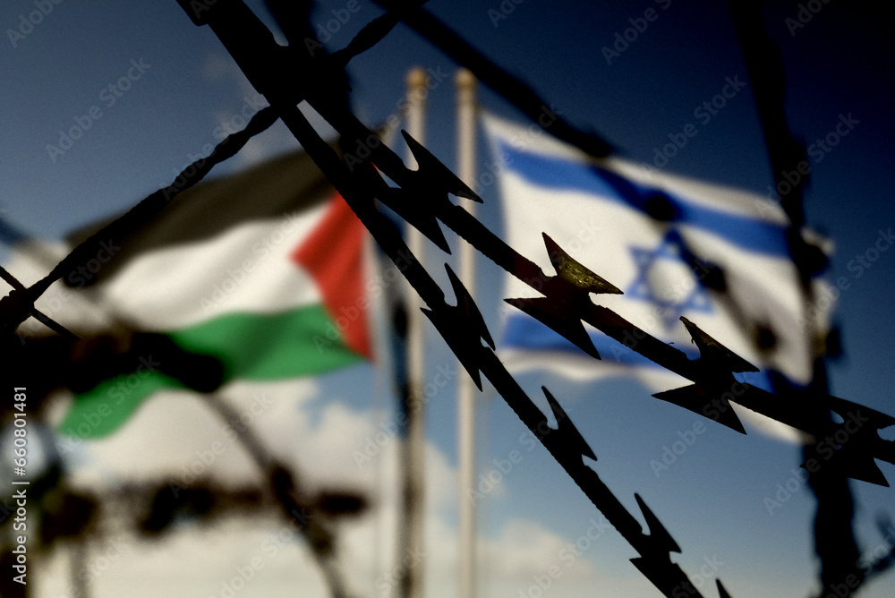 Flaggen von Israel und Palästina hinter dem Stacheldraht - obrazy, fototapety, plakaty 