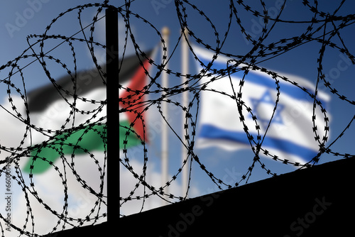 Fotografía Flaggen von Israel und Palästina hinter dem Stacheldraht