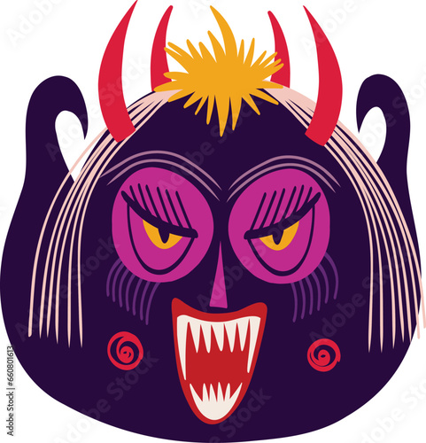 Horned strange ugly angry demon. Illustration in a modern childish hand-drawn style