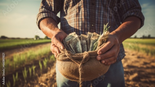 Farmer holding a bag of money on the background of farmland