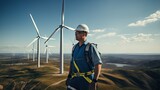 Professional ecological engineer holds futuristic device monitoring wind turbine performance data on background