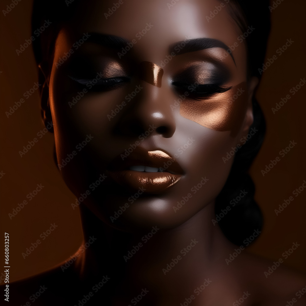 African American woman showcasing a radiant, metallic makeup artistry.