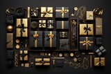 a close up of a bunch of black and gold wrapped presents
