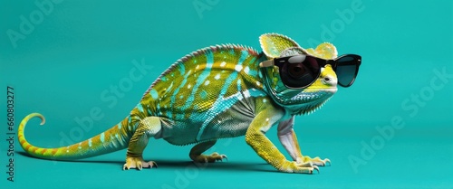 full body chameleon wearing sunglasses on a solid color background