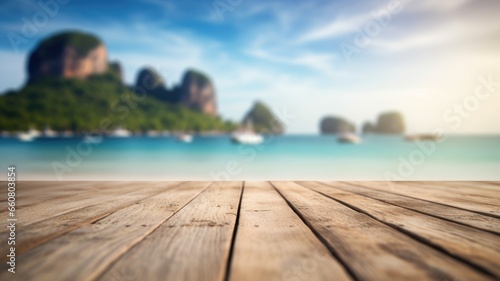 The empty wooden table top with blur background of Thailand beach. Exuberant image. generative AI