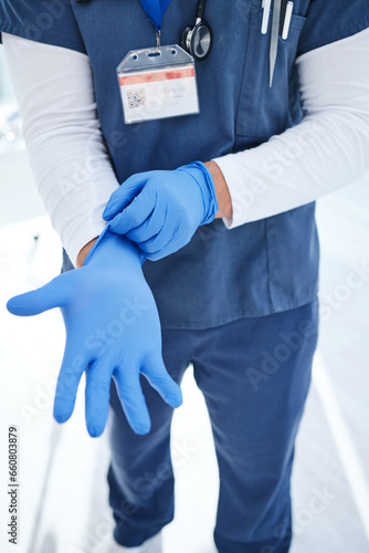 Gloves, hospital and hands of doctor for medical service, surgery and working in clinic for wellness. Healthcare, help and person with ppe for safety, protection and hygiene for support or procedure