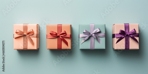 Banner with small gift boxes in a row on pastel blue background. photo