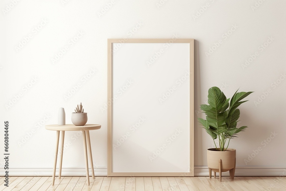 Mockup of vertical frame on wooden floor in a beige livingroom. Generative AI - obrazy, fototapety, plakaty 