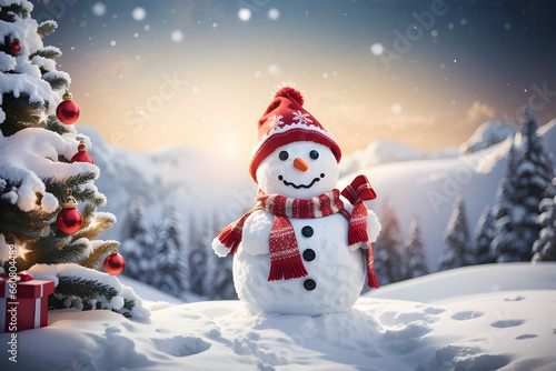 From the side christmas and happy new year greeting card with copy-space. Happy snowman standing in christmas landscape. Snow background. Winter fairytale 