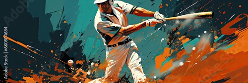painting of a man in a baseball club swinging position with an orange background. 