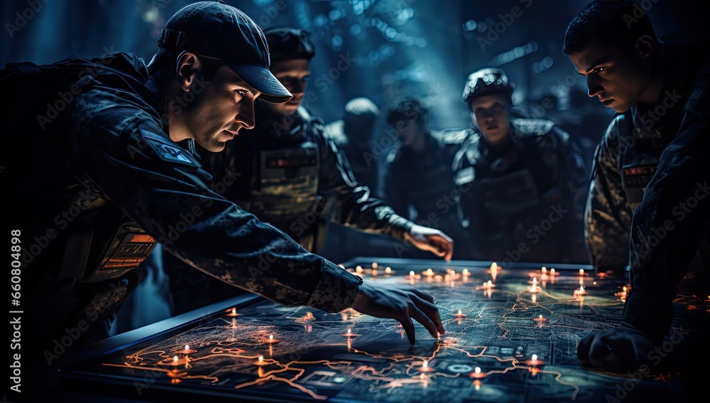 Soldier takes command of his squad while looking at a war maps at the monitors - obrazy, fototapety, plakaty 