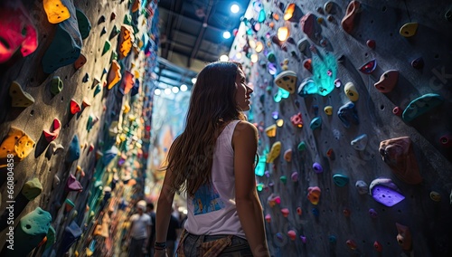 woman is standing beside the climbing wall up on a boulder wall