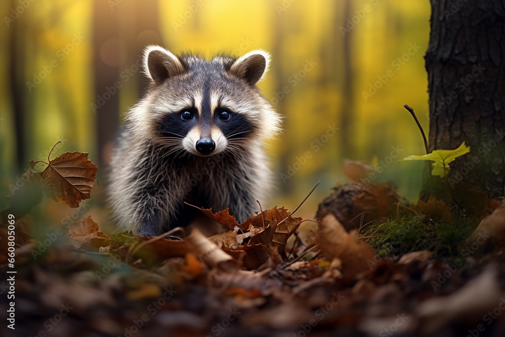 Wild racoon in forest