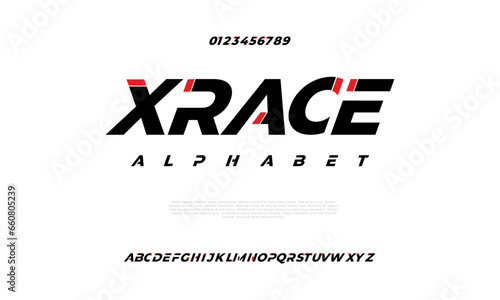 Xrace creative modern urban alphabet font. Digital abstract moslem, futuristic, fashion, sport, minimal technology typography. Simple numeric vector illustration
