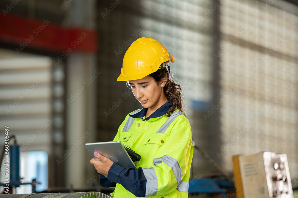 young woman engineer in uniform inspection warehouse and check control heavy machine construction installation in industrial factory. technician worker check for repair maintenance operation system young woman engineer in uniform inspection warehouse and check control heavy machine construction installation in industrial factory. technician worker check for repair maintenance operation system