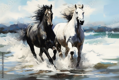 Black and white horses galloping on the beach. Illustration. Color. Horizontal. Generative AI © Vance