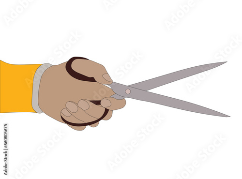 Hand holding scissors. Vector illustration isolated on white background. Suitable for advertising and promotion.