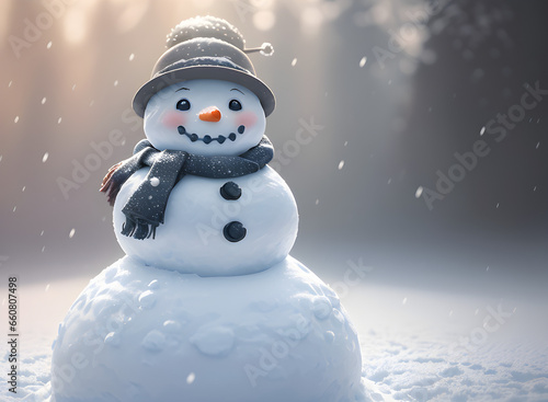 a snowman during a snowfall, christmas, closeup, perfect composition © Raewongkhot