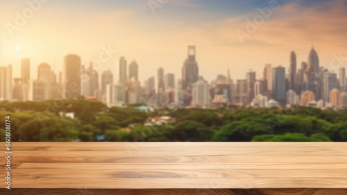 The empty wooden table top with blur background of nature skyline. Exuberant image. generative AI