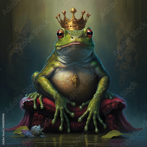 A majestic frog king sits on its throne surrounded by a crowd of devoted followers The frogs regal presence commands attention and respect As it gazes out at the community its small yet powerful 