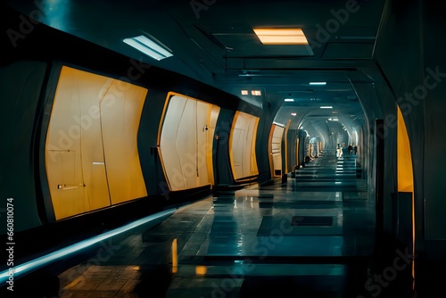 environment endless sci fi corridor Star Wars greeblies science fiction Blade Runner gray white black spacestation hallway starship interior functional machinery controls buttons cinematic  photo