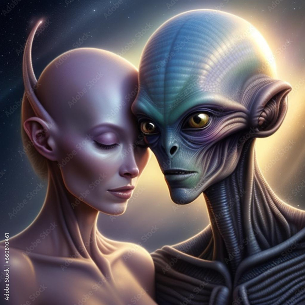 Portrait of a romantic alien being couple.  Generative AI