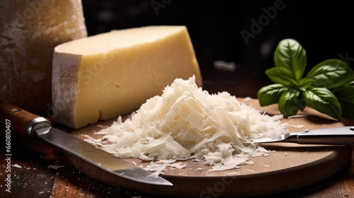 Parmesan cheese with knife on wooden board