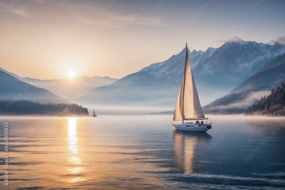 A sailing boat moves towards the mountains on a foggy lake at sunrise