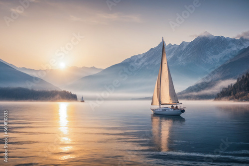 A sailing boat moves towards the mountains on a foggy lake at sunrise © Victoria