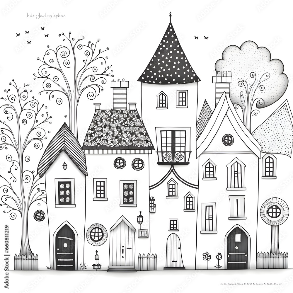 black and white line art coloring pages of whimisical houses simple and playful 