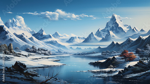 Chinese style blue landscape illustration, national style landscape natural artistic conception background illustration