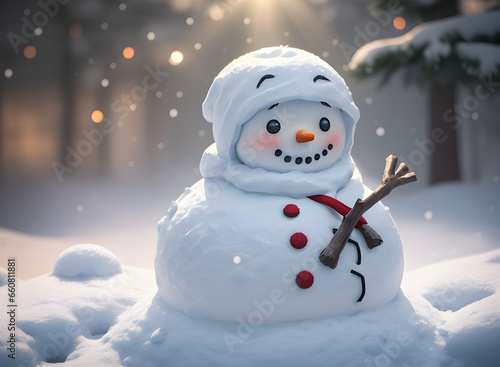 a snowman during a snowfall, christmas, closeup, perfect composition