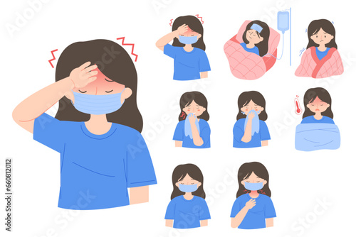 Girls with flu. sick symptoms with influenza, runny nose, headache, fever, sore throat, illness. Flat vector illustration