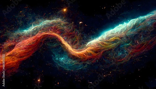 narrow winding band of continuous colorful cosmic lines in deep space stars mix of warm and cool hues thick bands weaving together strands of luminous gasses blowing off of wave nebula hubble 