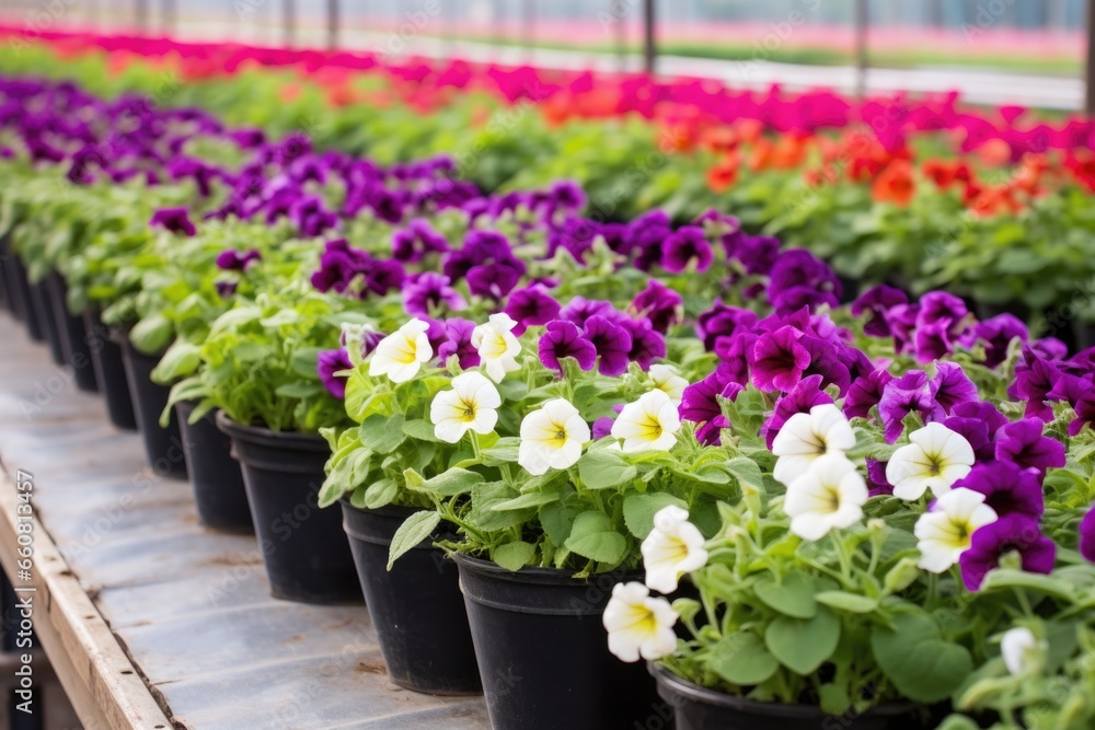 rows of potted petunias in a greenhouse