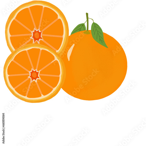 illustration of orange fruit and stacked orange slices 
